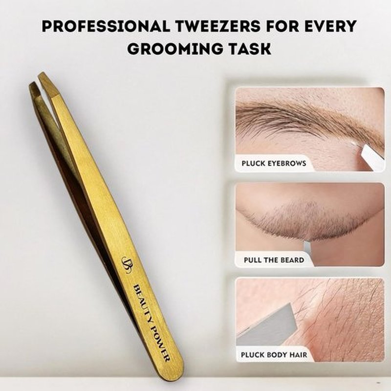 Beauty Power Professional Tweezers - Slant, Durable Lightweight German Stainless Steel, Ultra Precision Tweezers for Eyebrows, Facial Hair, Chin, and Ingrown Hair Removal (Matte Gold)