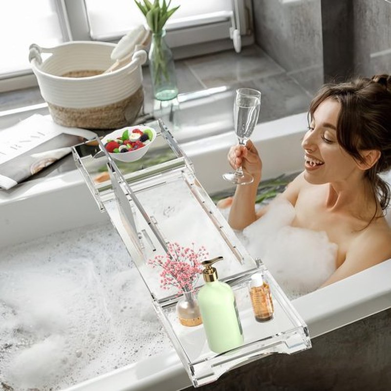 Kucle Expandable Acrylic Bathtub Tray - 23-42 Inches Bath Caddy Tray for Bathtub, Luxury Bath Tub Tray Table for Home Spa, Bath Tray for Tub, Bathroom Tub Accessory Birthday Gift for Her (Clear)