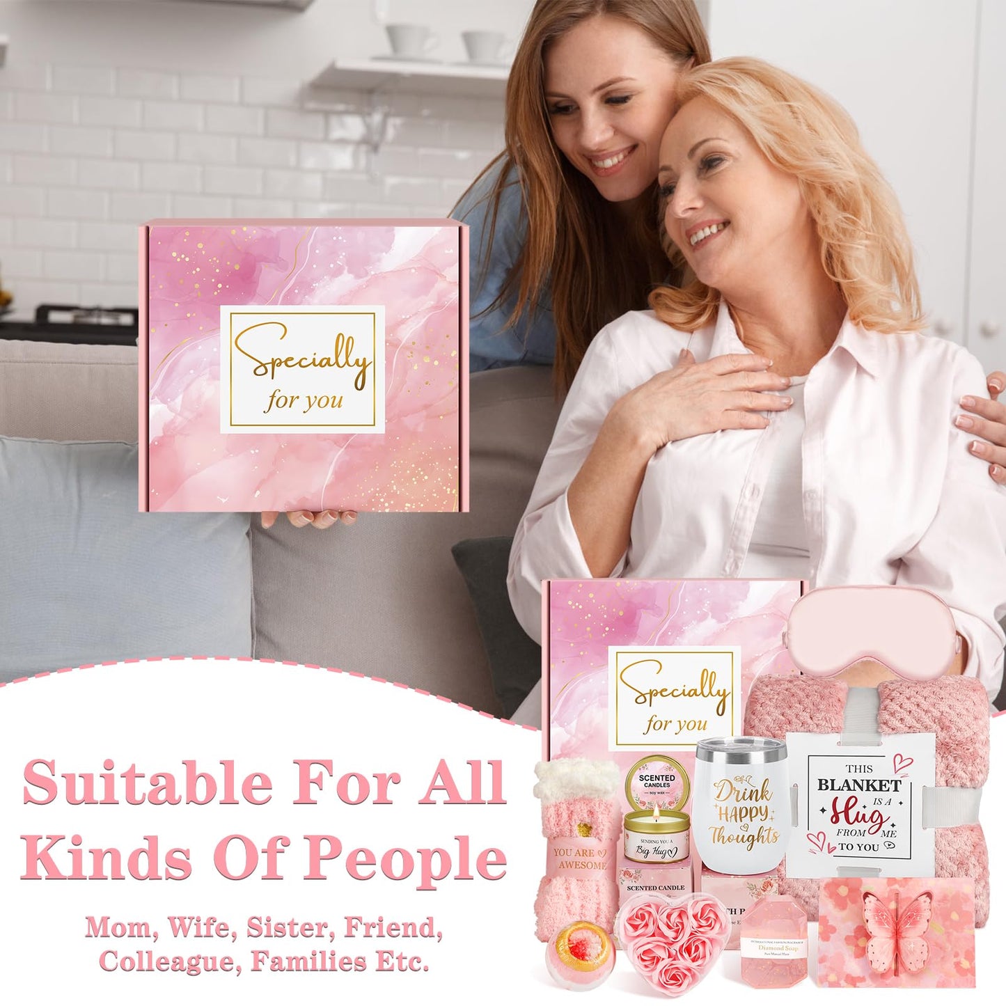 Juesly Birthday Gifts for Women Christmas Day Gifts, Unique Self Care Package Get Well Soon Basket Rose Relaxing Spa Kit with Flannel Blanket Tumbler, Happy Christmas Box for Friend Mom Sister Wife