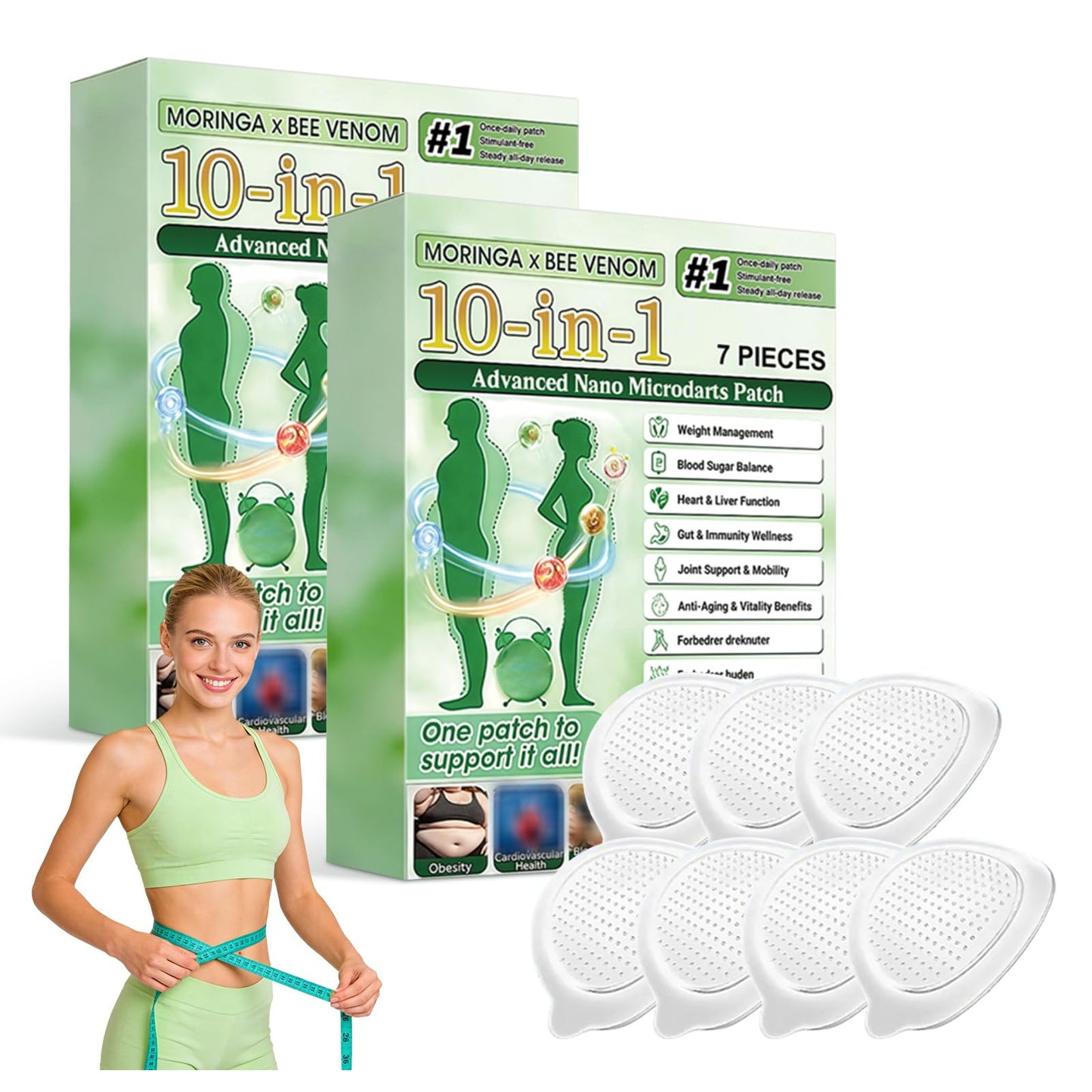 elesysy Moringa 10-in-1 Advanced Nano Microdarts Patch,Moringa Patches - 7 tablets/box, Natural Skin Patches for Women and Men - Gentle Formula for All Skin (2 PCS, 2 Boxes)