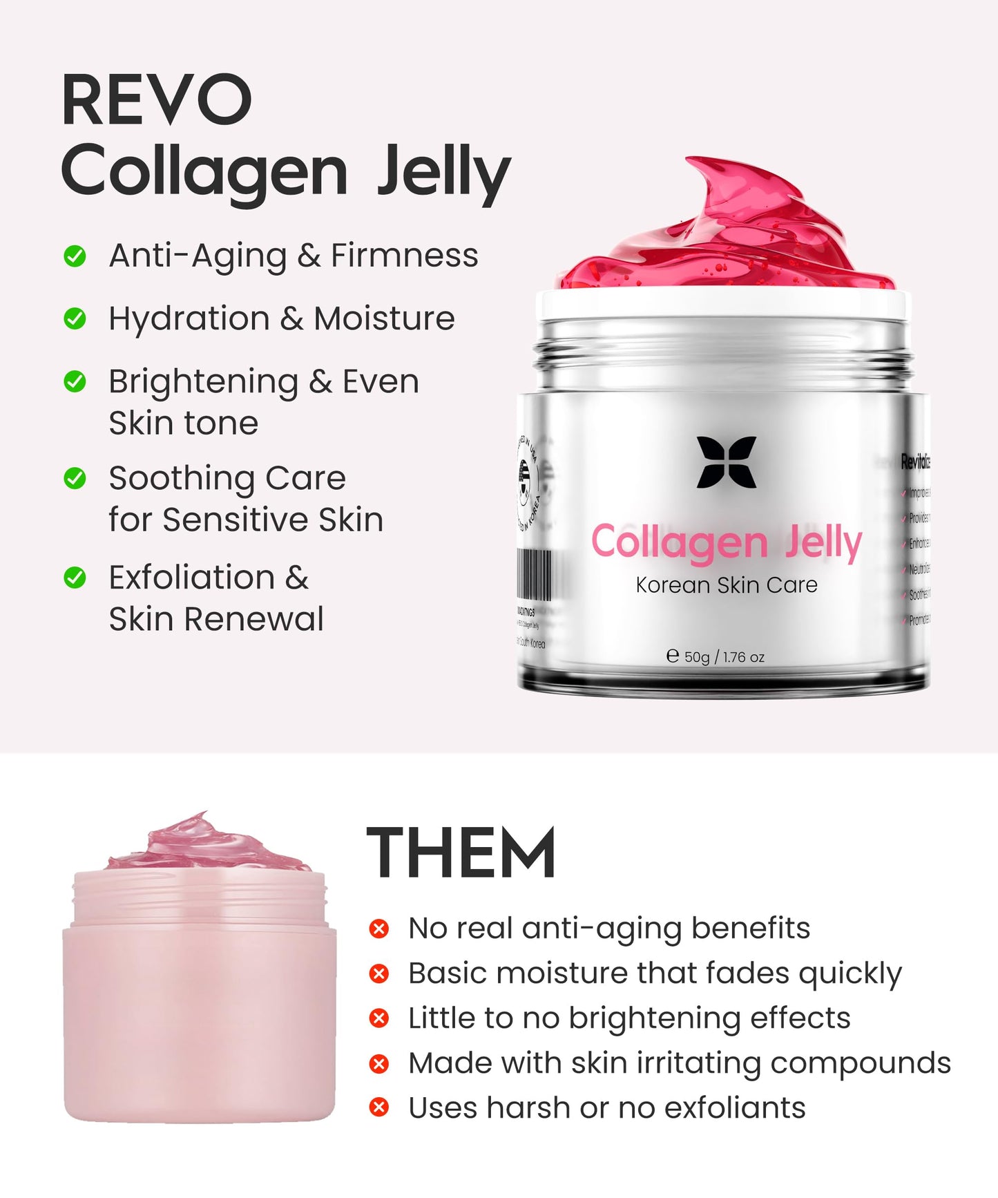 REVO Collagen Jelly – Korean Anti-Aging Plumping Formula with Hydrolyzed Collagen, Niacinamide, Hyaluronic Acid & Vitamin C – Skincare for Glass Glow Skin, Wrinkle Repair & Even Tone (1.76 Fl Oz)