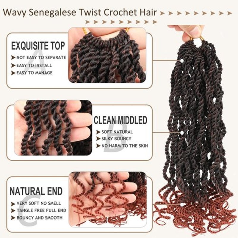 Kachanaa 10 Inch Wavy Senegalese Twist Crochet Hair 8 Pack Synthetic Short Pre Looped Kids Crochet Braids with Curly Ends Pre Twisted Small Havana Twist Braiding Hair for Black Women T350#