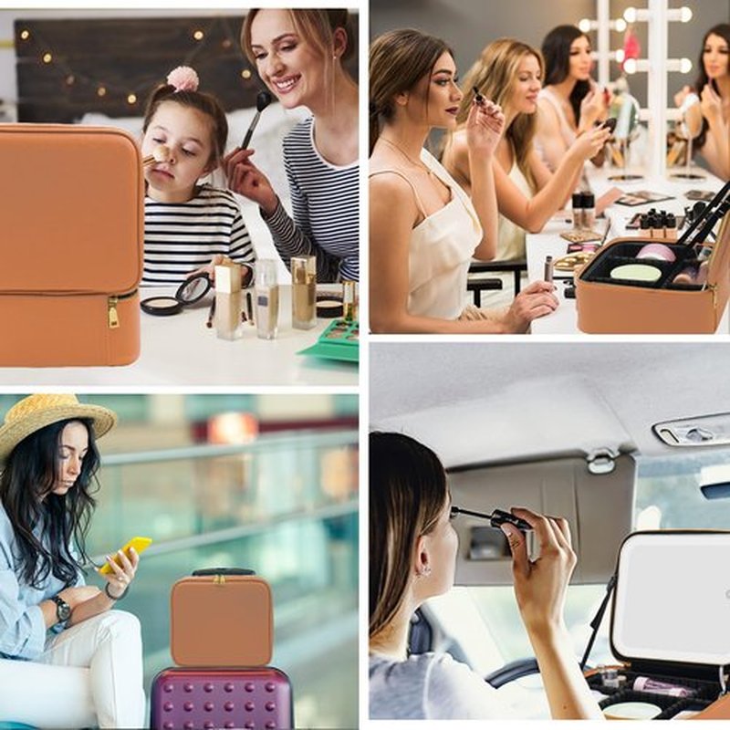 Travel Makeup Bag Cosmetic Bag Make up Organizer Bag with Large Lighted Mirror 3 Color Modes Adjustable Brightness, Waterproof PU Leather Makeup Travel Case Makeup Train Case Toiletry Gift Accessories