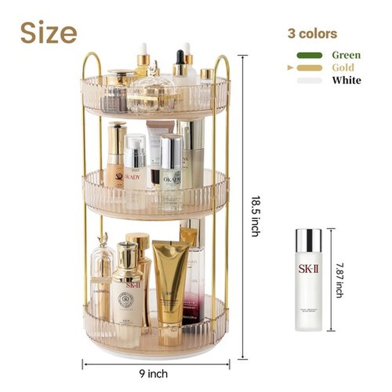 Aveniee 360 Rotating Makeup Organizer for Vanity, Skincare Perfume Organizers Large, Clear Bathroom Counter Organizer for Cosmetics Lipsticks, Spinning Bathroom Organizer Shelf Holder(3 Tiers, Gold)