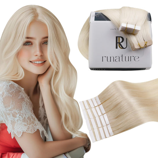 RUNATURE Blonde Human Hair Tape in Extensions 12 Inch Remy Tape in Hair Extensions Human Hair #60 Platinum Blonde Double Sided Short Tape in Human Hair Extensions Full Ends Salon Quality 30g 20pcs