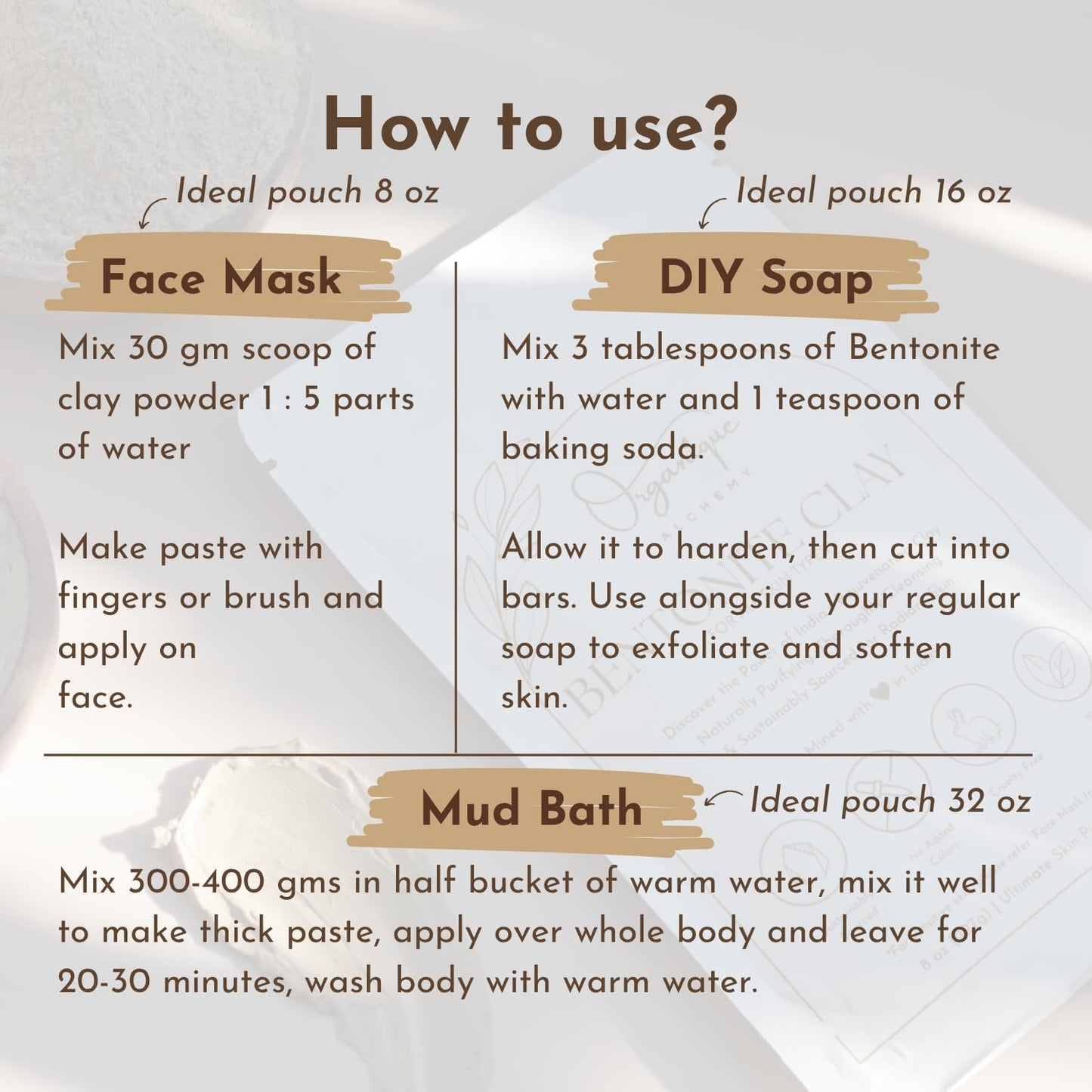 Organique Alchemy - Bentonite Clay Powder For Face, Body & Hair, Deep Pore Cleansing & Detox, Indian Healing Calcium & Sodium Clay, For Masks & Bath 8 oz (227g)