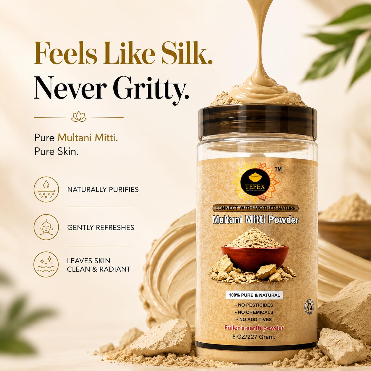 TEFEX ENTERPRISES Multani Mitti Powder (Fuller’s Earth) – 227 Grams / 8 oz | 100% Natural Clay for Face Mask, Skin Detox & Oil Control | Airtight Bottle