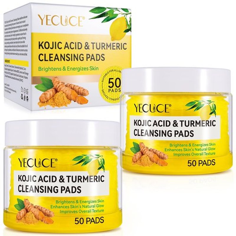 Turmeric Cleansing Pads, 50PCS Kojic Acid and Turmeric Cleansing Pads, Face Pads with Vitamin B5、Vitamin C 、Turmeric ，Remove Excess Keratin Balance Skin Oil And Water
