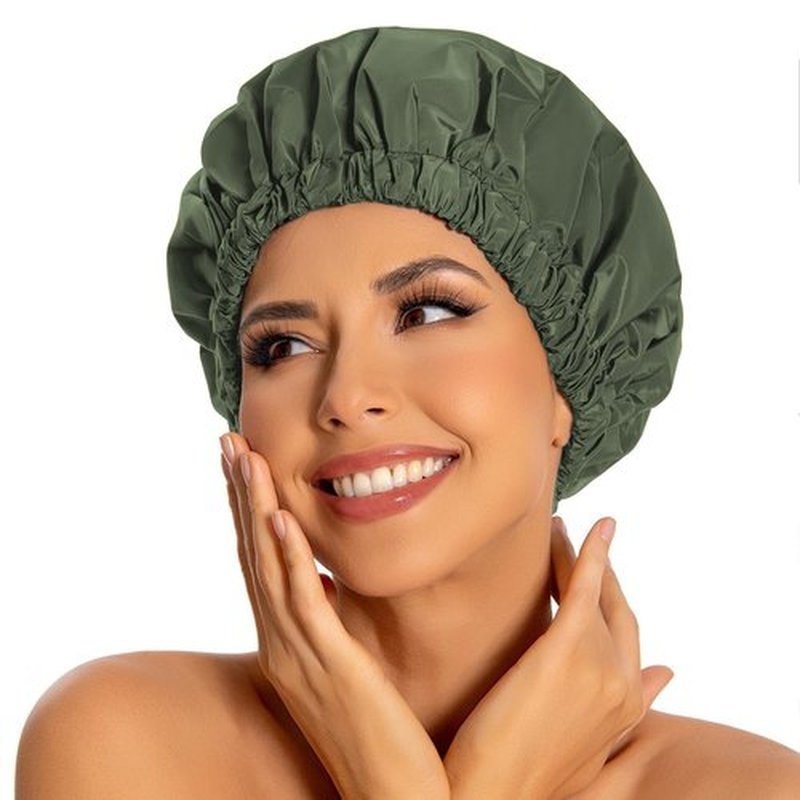 Reusable Shower Cap for Women, Large Waterproof Shower Bonnet Washable Elastic Band Bath Hair Hat for Long Hair, Braids(Green)