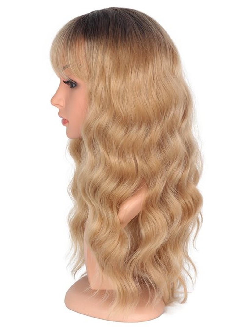 SYMEIW Medium Long Blonde Wavy Wigs For Women Synthetic Full Hair Blonde Wigs With Bangs For Daily Use (Blonde)