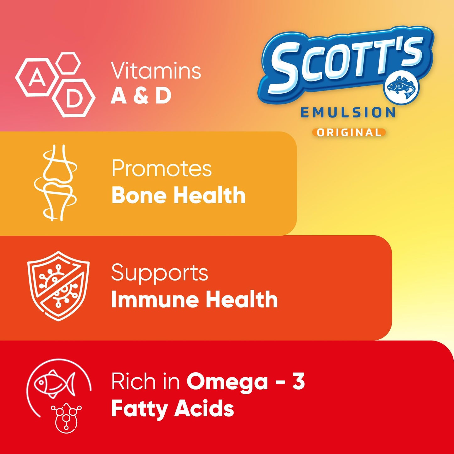 SCOTT'S EMULSION Cod Liver Oil Liquid – Fruits Flavor – Family Size – Supports Growth, Immunity & Bone Health – Rich in Omega 3 & Vitamins A+D – Easy-to-Take Fish Oil for Kids & Adults – 15.3 Fl Oz