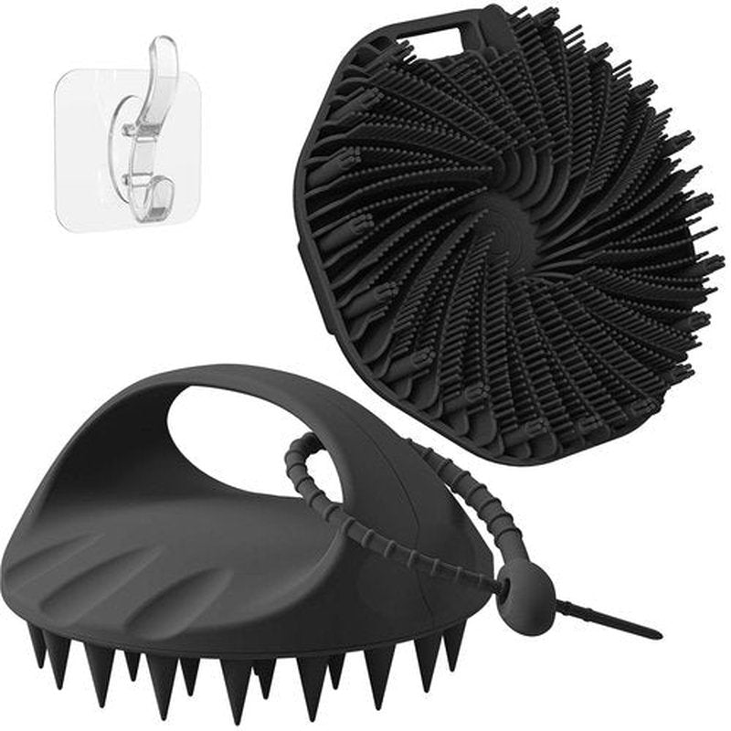 Manmihealth Slicone Scalp Massager & Upgrade Silicone Body Scrubber Set 2 PCS, Extra-Large Shampoo Brush & Body Scrubbers for Use in Shower with a Free Silicone Strap & Hook Style 2 (Black*2)