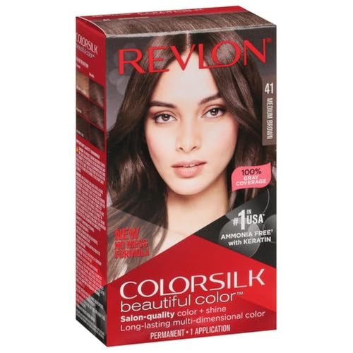 Permanent Hair Color by Revlon, Permanent Hair Dye, Colorsilk with 100% Gray Coverage, Ammonia-Free, Keratin and Amino Acids, 41 Medium Brown, 4.4 Oz (Pack of 1)