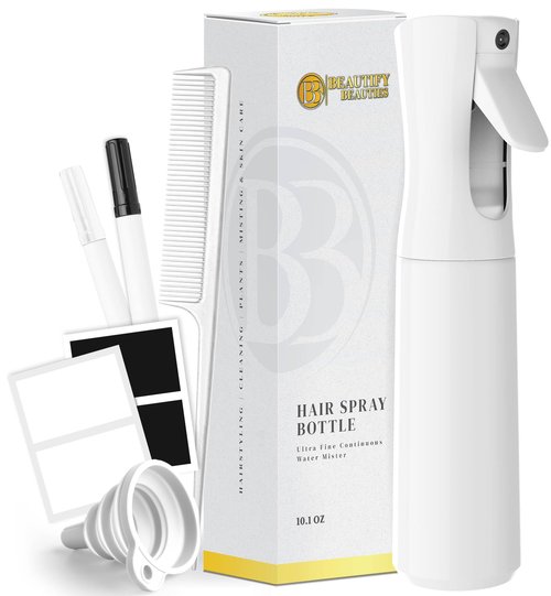 BeautifyBeauties Hair Spray Bottle – Ultra Fine Continuous Water Mister for Hairstyling, Cleaning, Plants, Misting & Skin Care (White, 10.2 Ounces)