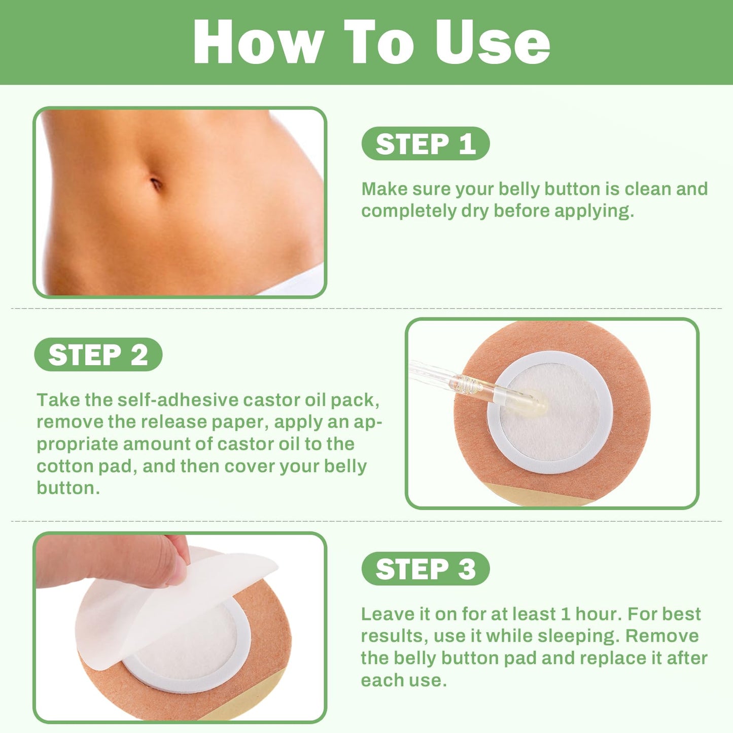 Castor Oil Pack Wrap for Belly Button with 4oz Organic Castor Oil in Glass Bottle, Highly Absorbent Cotton Belly Button Patches Self Adhesive (60pcs belly pack with oil)