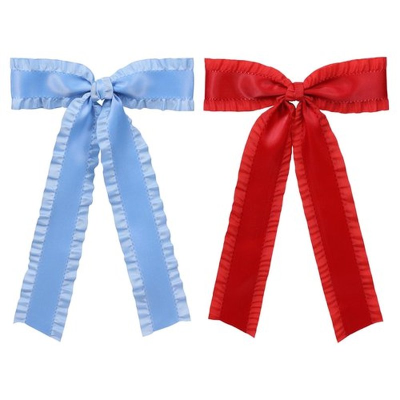 2Pack Hair Bows for Women Girls, Big Silky Satin Ruffle Tassel Hair Ribbon Bowknot Hair Clips Barrettes Wedding Hair Accessories for Bridal with Long Tail Set Red,Antique Blue