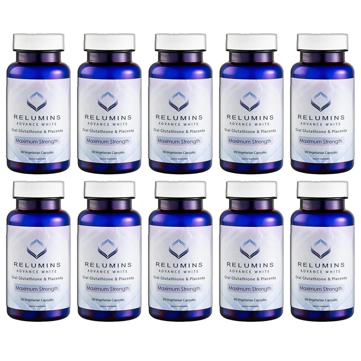 Relumins Advanced White Glutathione Capsules - Max Strength Brightening Supplement with ALA, Placenta, Rose HIPS & Vitamin C - Fights Oxidative Stress, Supports Collagen & Made in USA - 10 Bottles