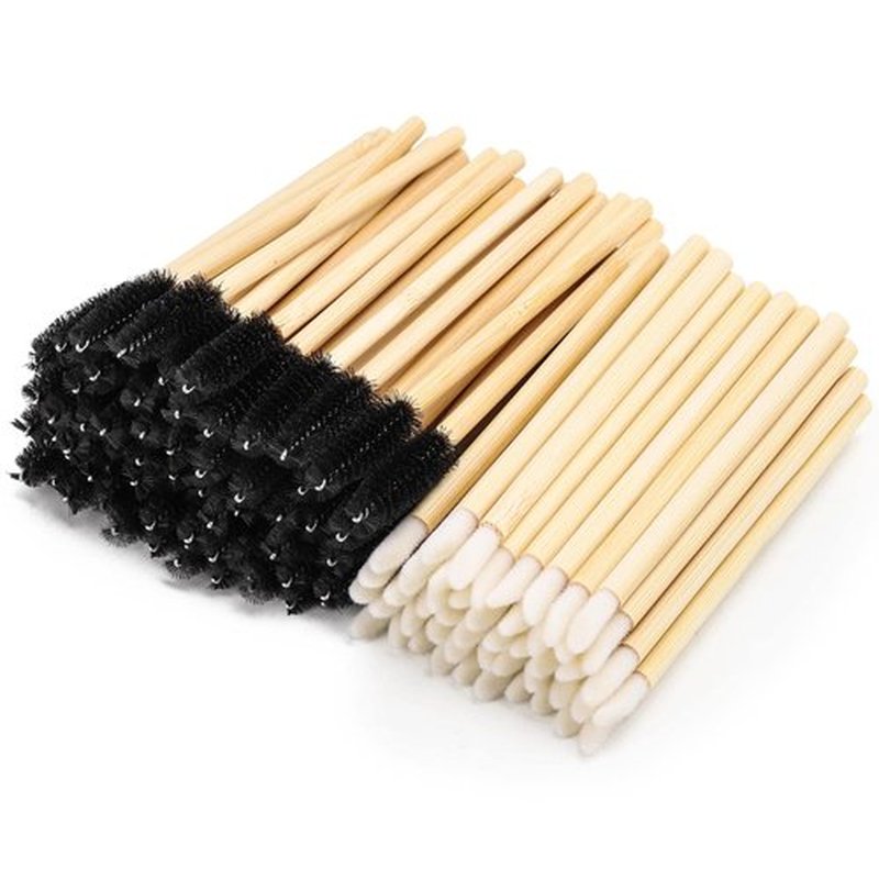 100pcs Disposable Bamboo Mascara Wand and Lip Brush, Eyelash Brushes Eyebrow Extension Lipstick Applicators Makeup Brush Tool Kits（Black）
