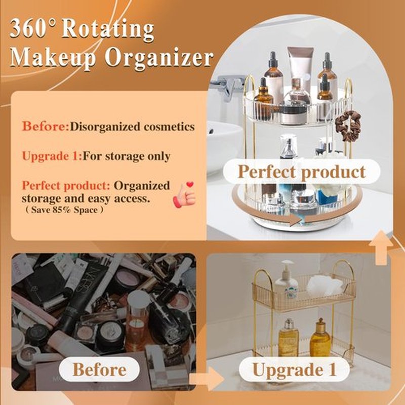 Rotating Makeup Organizer for Vanity,Lazy Susan Organizer Rotating Skincare Make Up Storage Cosmetic Dresser Organizer Countertop Organizer with Extra Hooks DIY Stickers for Bathroom