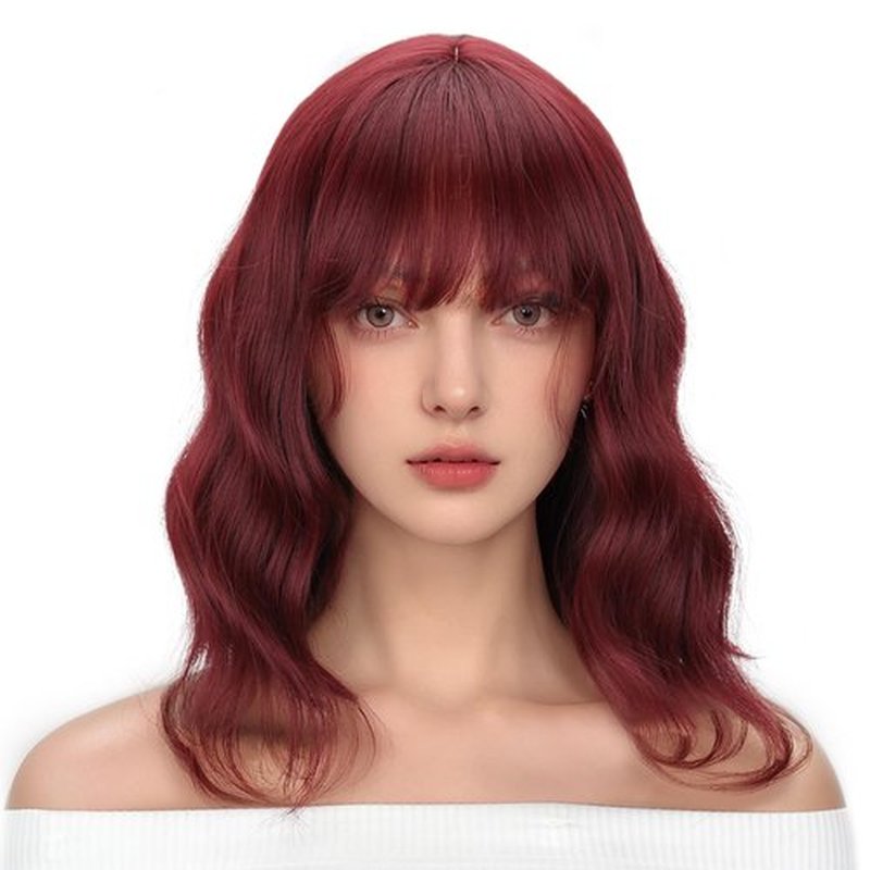 LINGHANG Short Wine Red Wavy Wig with Bangs,Dark Red Bob Wig for Women,Synthetic Hair Water Wave Medium Length Colorful Wigs,Cosplay wigs