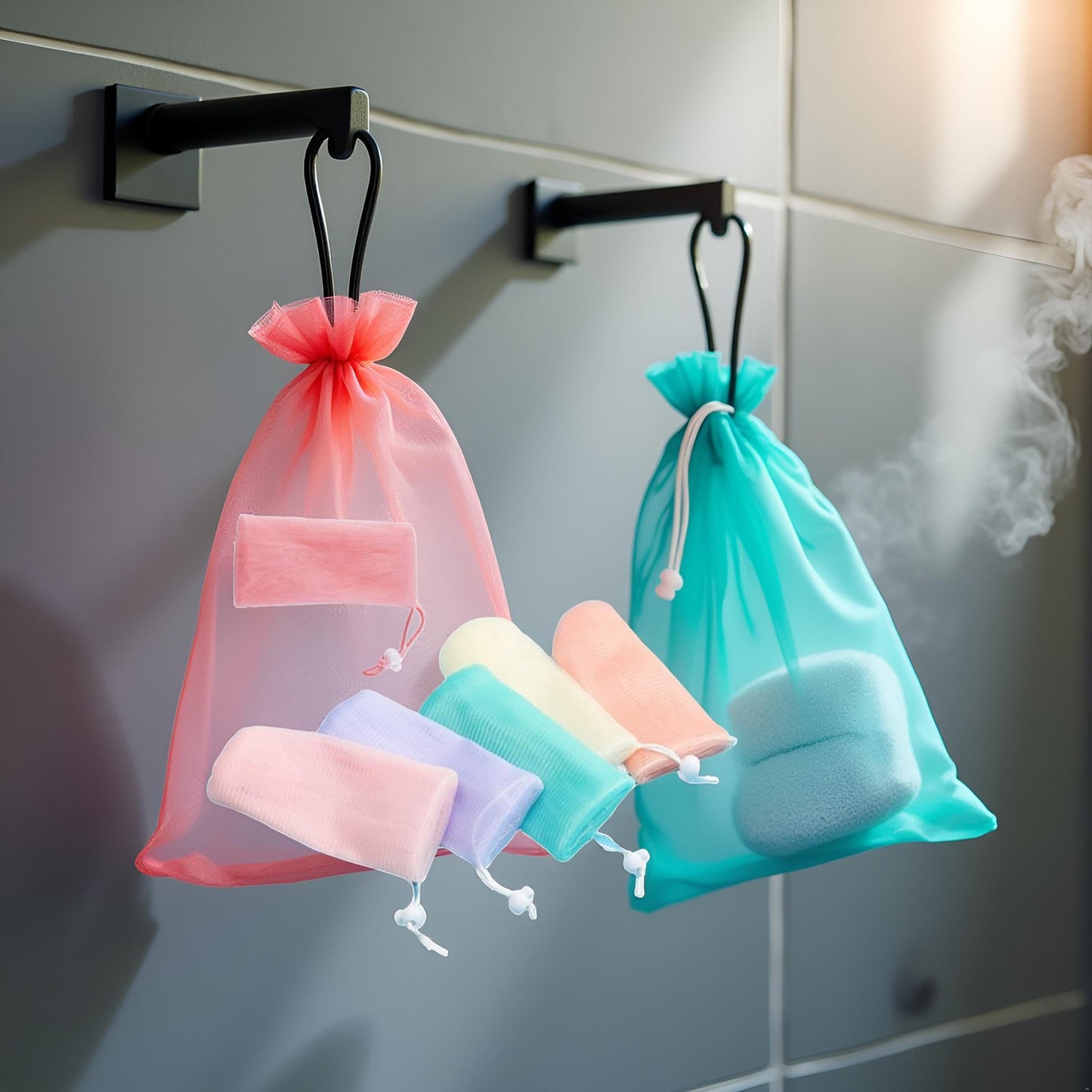 Tnyvm 6Pcs Random Color Exfoliating Mesh Soap Pouch Bubble Foam Net Bag for Body Facial Cleaning Tool, for Shower Saver Pouch Drawstring Foaming Net Soap Bag Used Repeatedly Easy to Store Cleansers
