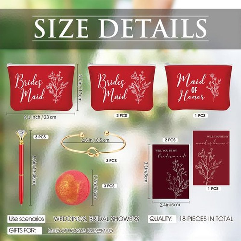 Skybooly 18 Pcs Bridesmaid Proposal Gifts Maid of Honor Gifts Including Brides Maid Glass Cup Makeup Bag Diamond Pen Bracelet Invited Cards for Wedding Party Favors(Red)