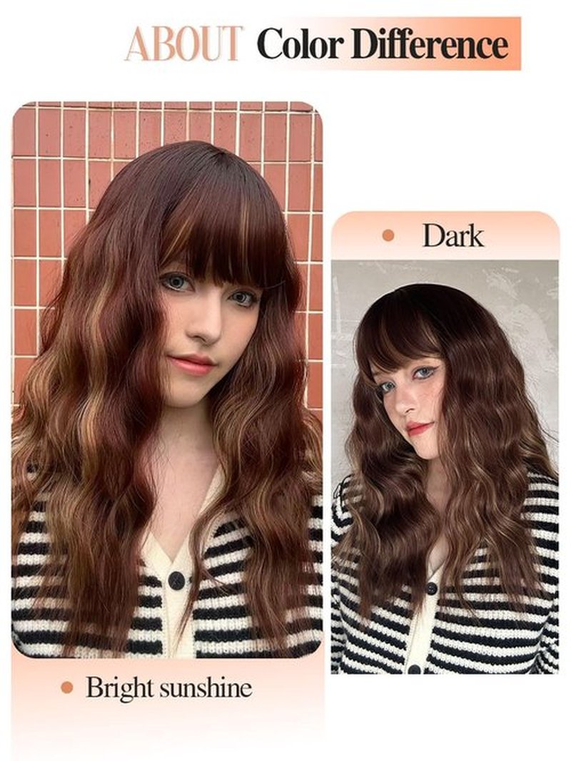 Fancy Hair Brown Highlight Wavy Bob Wig Short Wavy Wig with Bangs Glueless Wear and Go Wig Synthetic Brown Mixed Blonde Shoulder Length Bob for Women Daily Party Use 14inch