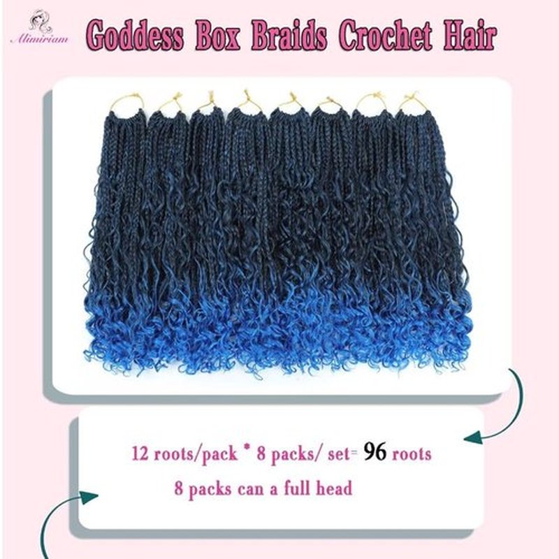8 Packs Blue Boho Box Braids Crochet Hair 12 inch Pre-looped Crochet Box Braid Synthetic Braiding Hair with Curly Ends Goddess Box Braids Crochet Hair Extensions for Women(12" 8 Packs, T1B/Blue#)