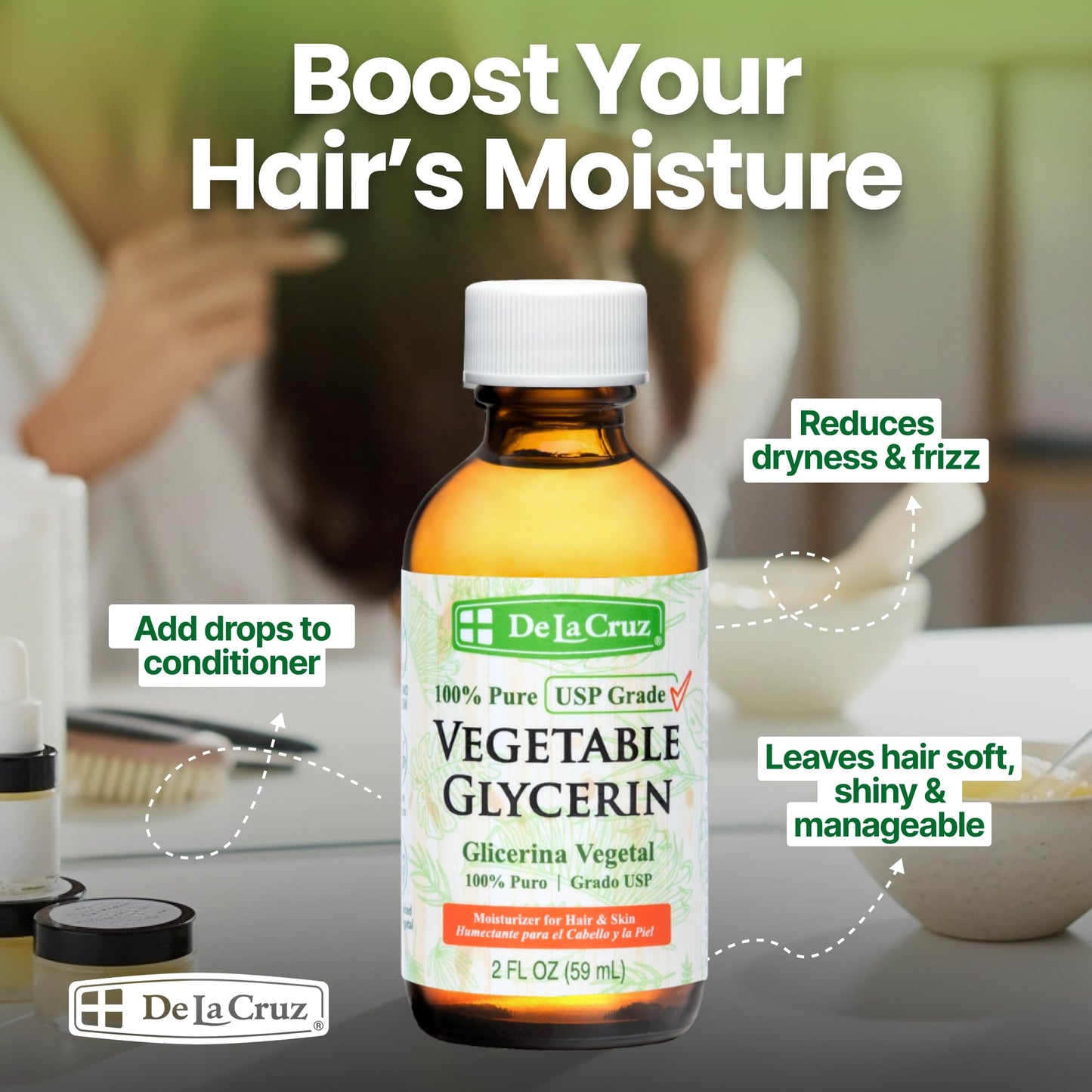 De La Cruz Vegetable Glycerin, Glass Bottle, 100% Pure Liquid Glycerine USP Grade for Hair, Skin and DIY Projects, 2 FL. OZ.