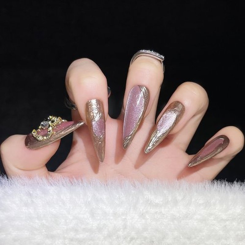 CAMILCY Handmade Nails Press on Almond Shaped Long Pointed Golden Pink Hand Painted Reusable Gel UV Finished Pre Shaped False Nails for Women 10Pcs 3D Handmade Nails (A003 L)