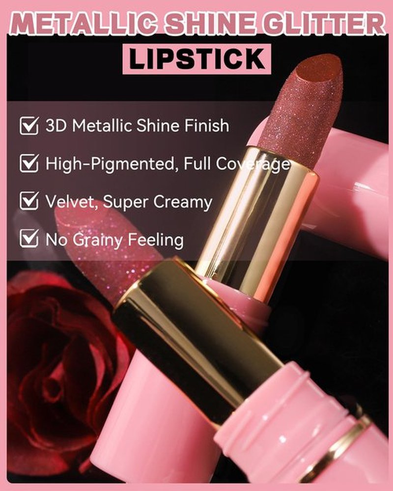 Glitter Metallic Ruby Red Shimmer Lipstick Long Lasting, High Shine Glitter Diamond Creamy Nude Lipstick Transfer Proof Non-Stick Lip Gloss Shimmer High Impact Full Coverage Lip Makeup for Women-04