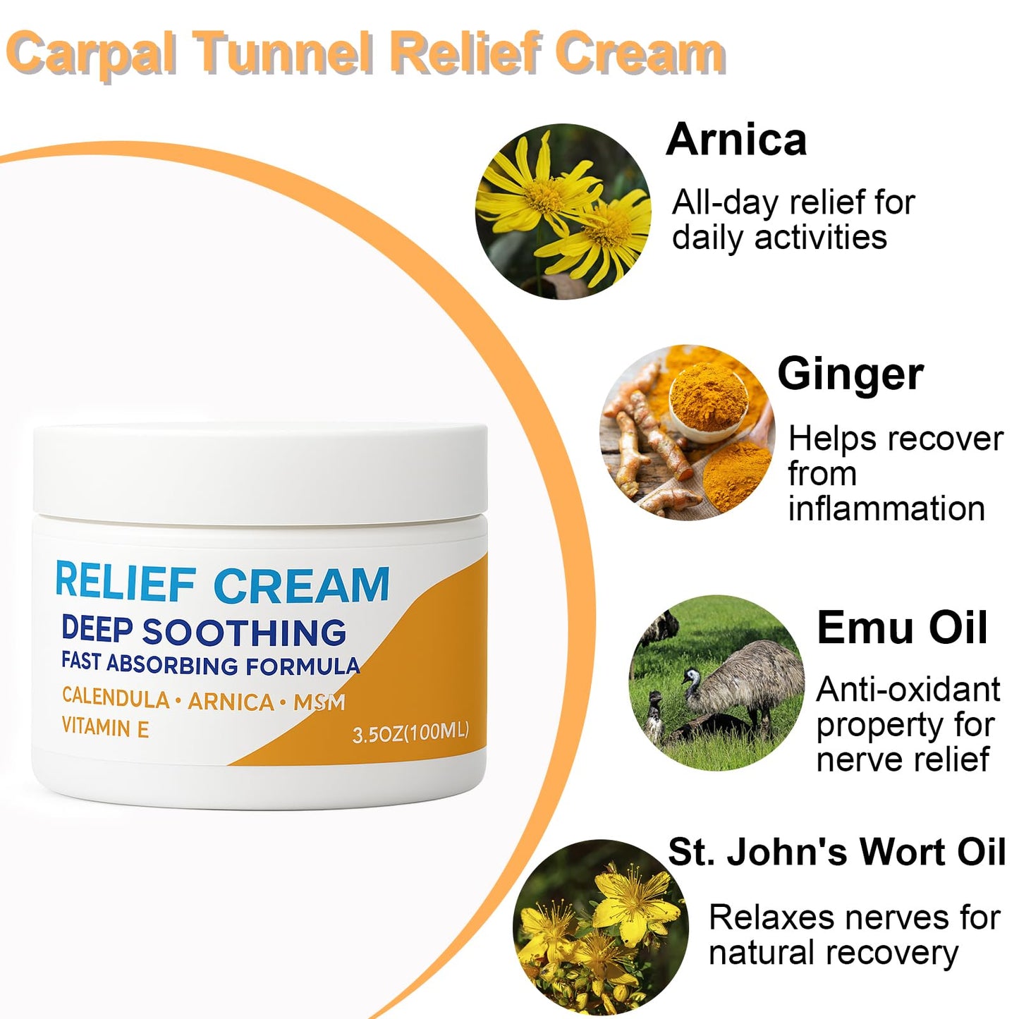 Huatsing Carpal Tunnel Relief Cream 3.5 oz/100ml, Herbal Nerve Relief Cream for Hands & Wrists, Non-Greasy Formula with Arnica, Emu Oil and Turmeric Oil, Fast-Absorbing for Daily Comfort