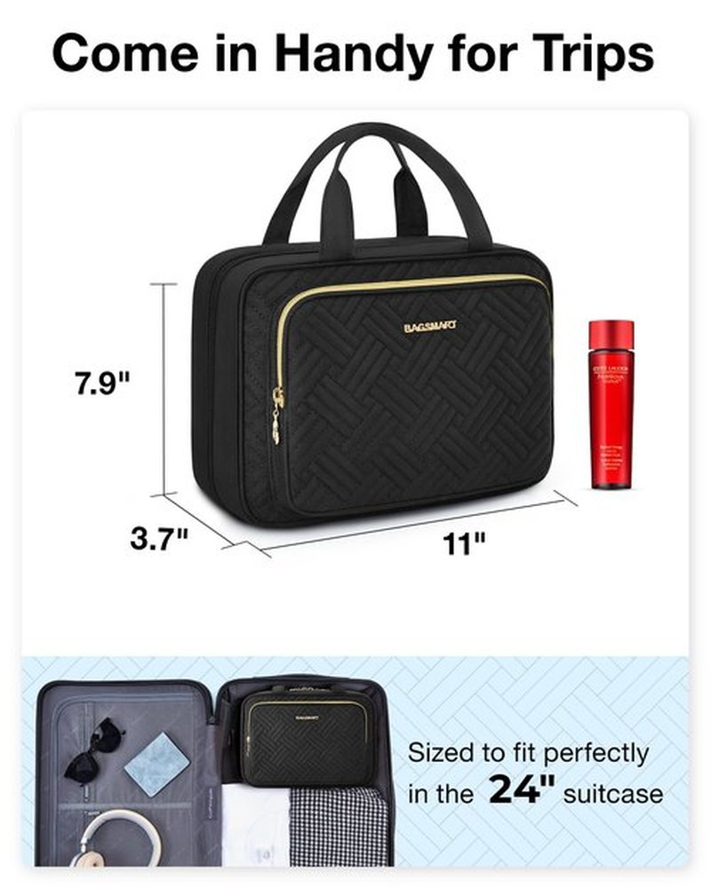 BAGSMART Hanging Travel Toiletry Organizer - Cosmetic Bag for Full Sized Toiletries, Basic-Black