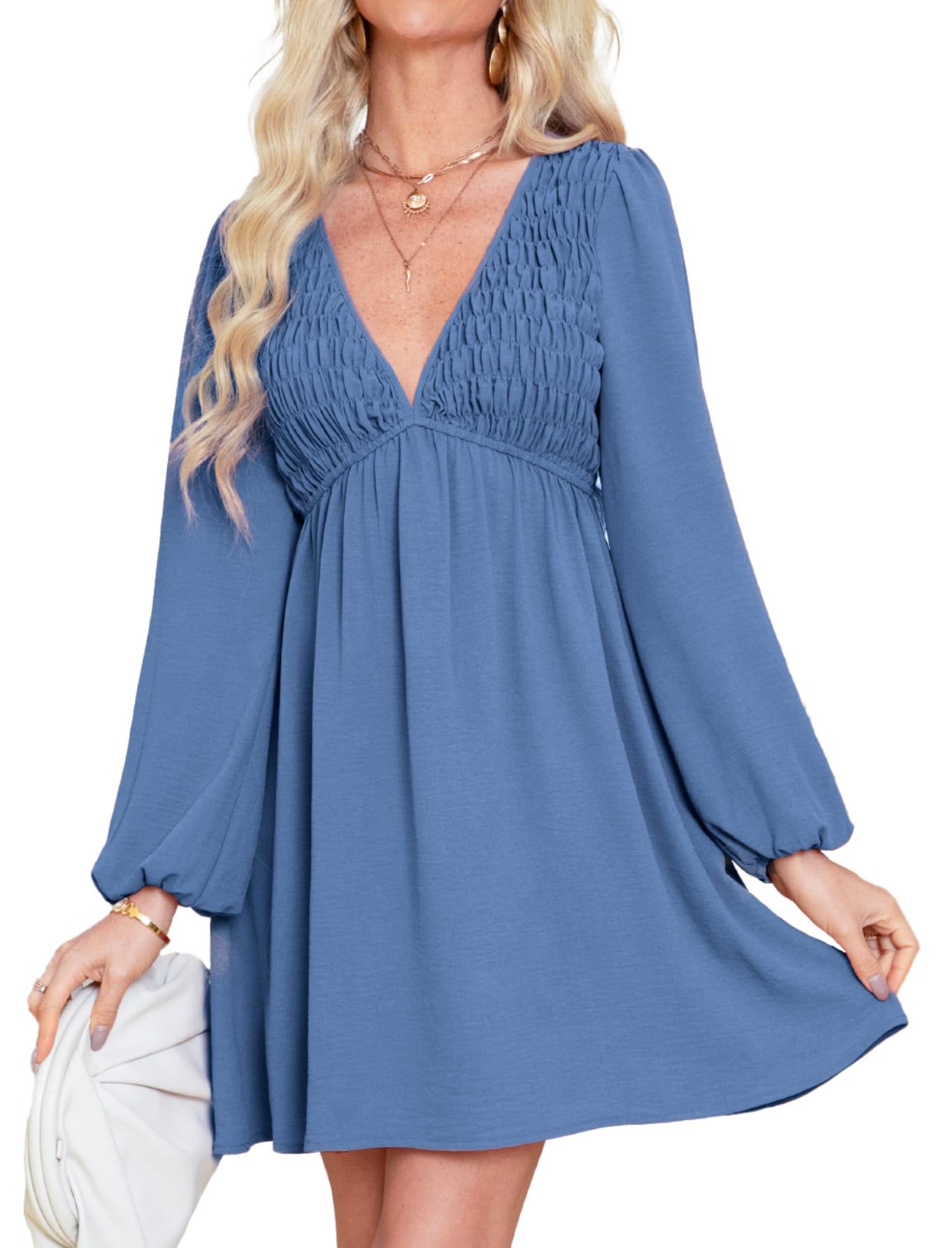 BerryGo Women's Summer Swing Babydoll Dress Smocked Top Flowy Long Sleeve Dress Cute Empire Waist Beach Dresses 2025(Blue,Medium)