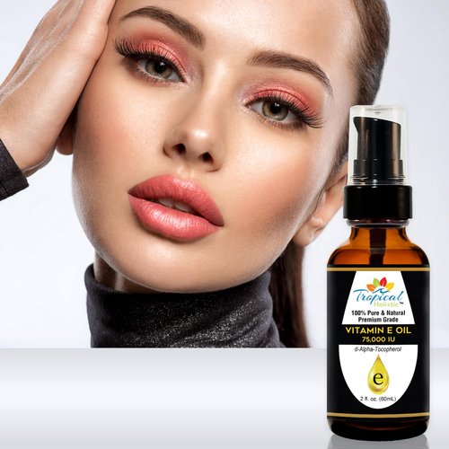 Tropical Holistic Vitamin E Oil, 100% Pure Max Strength 75,000 IU Vitamin E, Antioxidant Rich Skincare Oil for Face, Hair, Body & Nails, 2 oz
