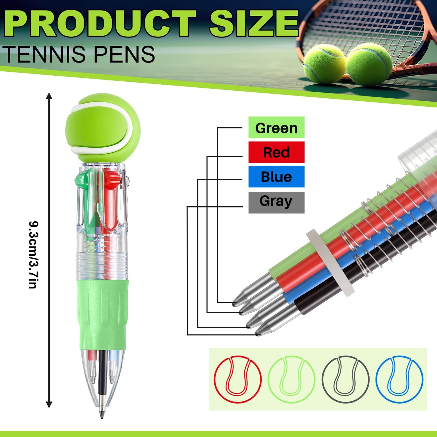 Kosiz 24 Pack Tennis Party Favors Tennis Team Gifts Multicolor 4 in 1 0.5mm Ballpoint Pen for Office Sport Lover Novelty Gifts Goodie Bags Stuffers
