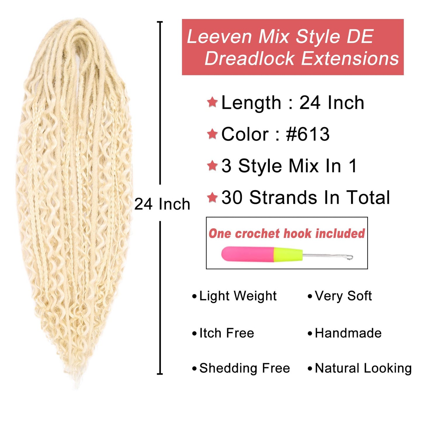 Leeven Synthetic Dreadlock Extensions Double Ended 24 Inch 30 Strands Boho Dreads 613 Blonde 3 Style Mixed Wavy Curly DE Dreads Braid in Full Set Dread for Women Girl