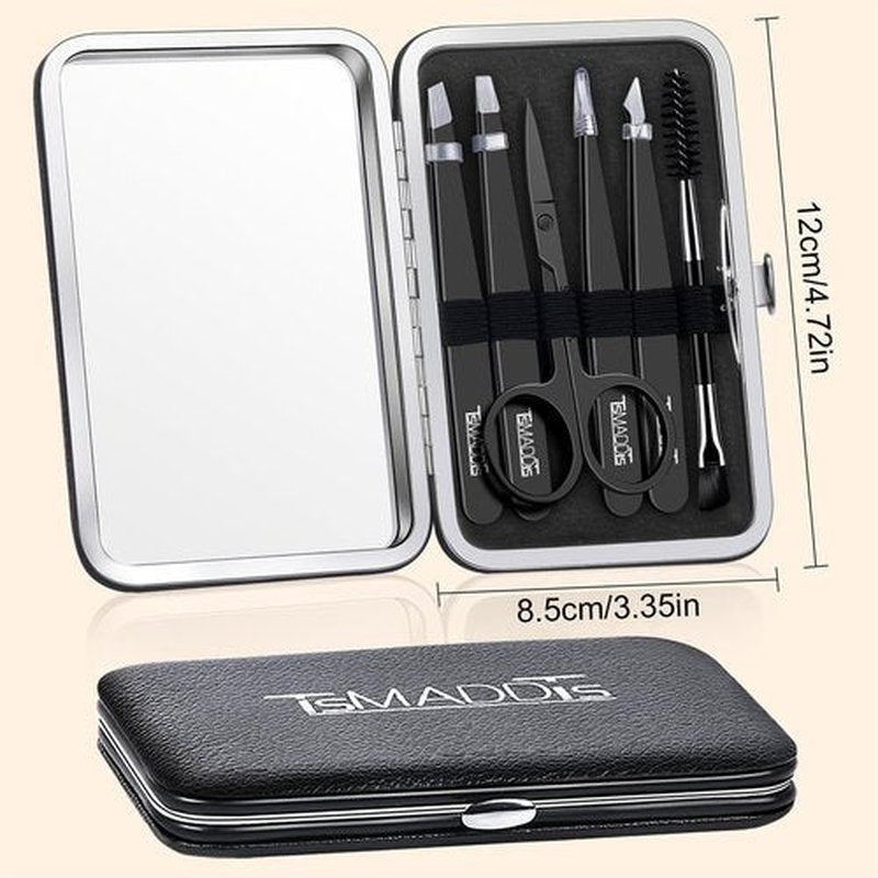 TsMADDTs Tweezers Set for Men - Professional Eyebrow Tweezers - Precision Tweezers for Hair & Ingrown Hair Plucking with Scissors, Mirror, Travel Case (Black)