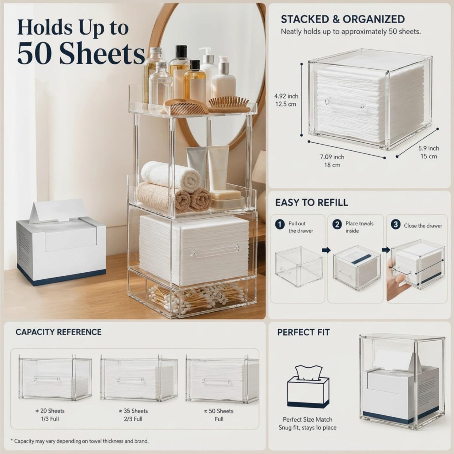Qinyoung 4-tier Acrylic Vanity Organizer, Facial Towel Dispenser Box Compatible with XL Clean Towels (Excluding), Makeup Storage Drawer Style Countertop Organizer for Bathroom Skincare Station