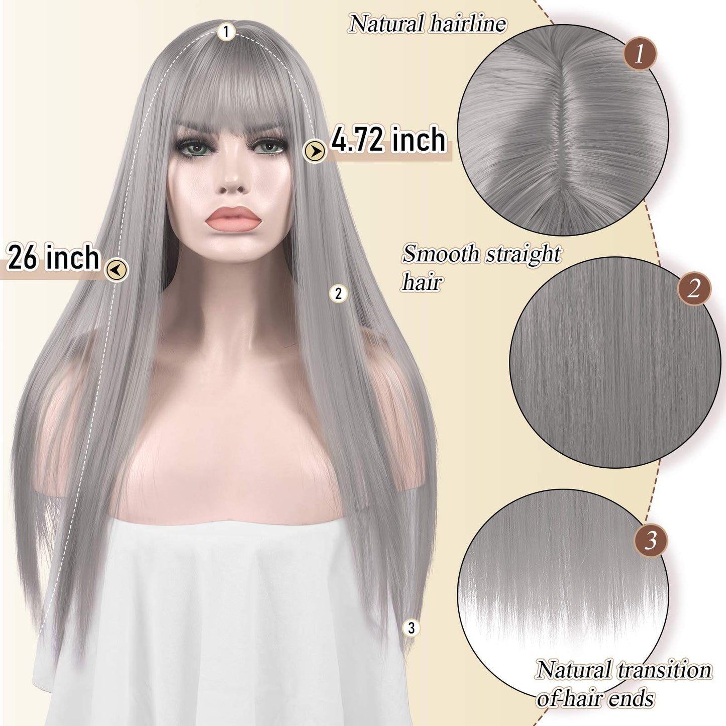 SOFEIYAN 26 inches Long Straight Wig with Bangs Silver Gray Synthetic Hair Replacement Wigs Heat Resistant Full Wig for Women Girls