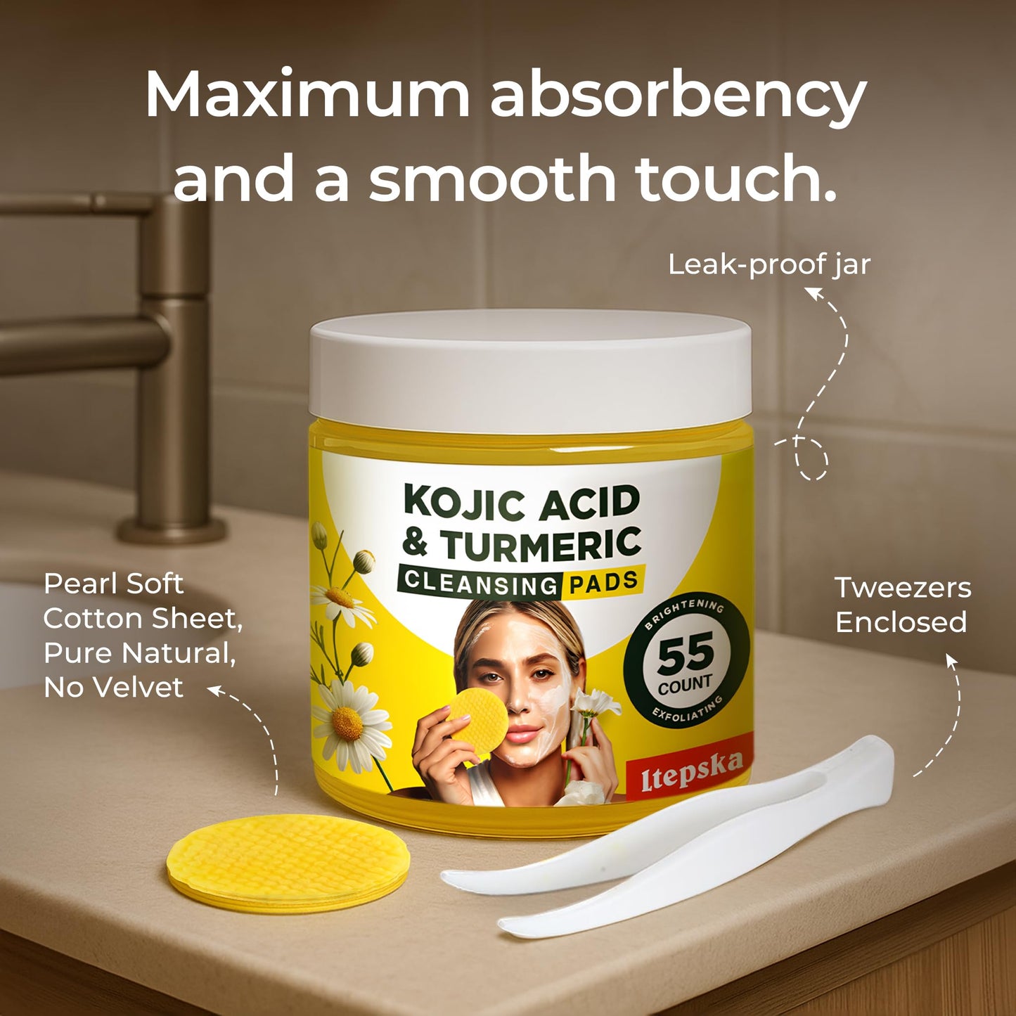 LTEPSKA Turmeric Kojic Acid Cleansing Pads, 55 Pcs Kojic Acid and Turmeric Cleansing Pads, Exfoliating Dark Spot Remover for Face with Vitamin C, For Brightening