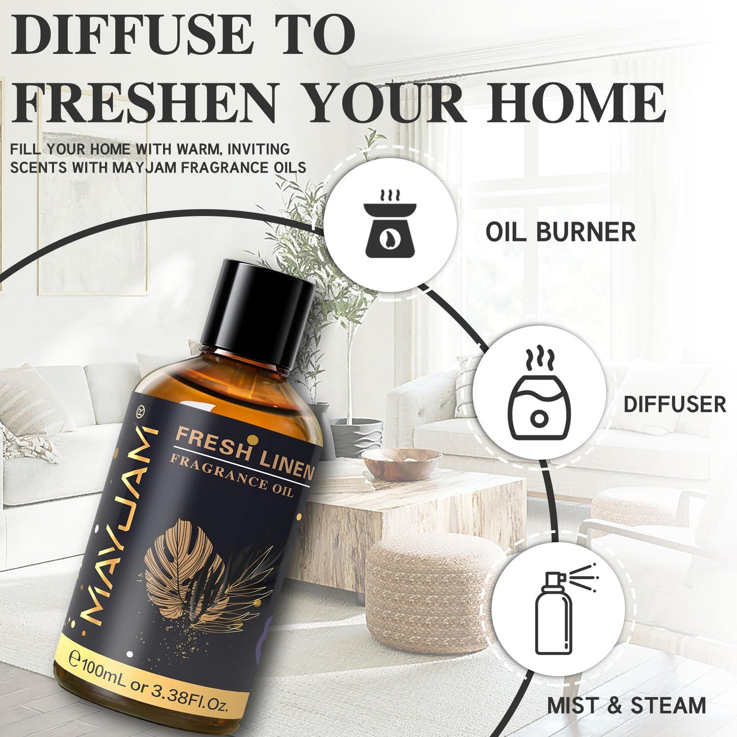 MAYJAM 100ML/3.38FL.OZ Fresh Linen Fragrance Oils with Glass Dropper, Essential Oils for Diffusers for Home, Long Lasting Scented Oils for Diffusers Soap Candle Making