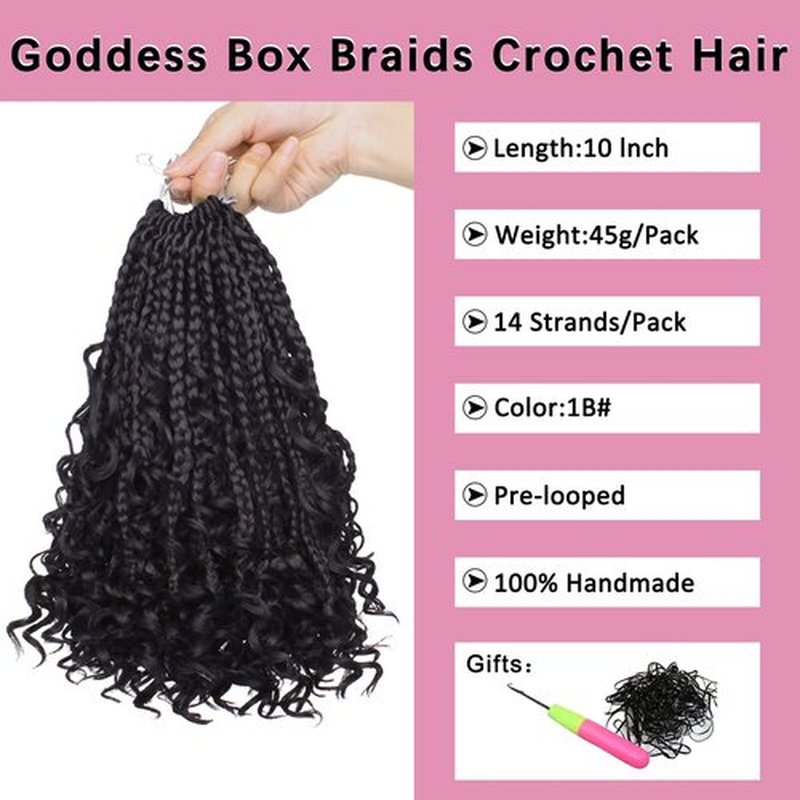 COOKOO 10 Inch Goddess Box Braids Crochet Hair With Curly Ends 8 Packs Bohemian Hippie Box Braids Pre-looped Crochet Hair Synthetic Crochet Braiding Hair for Black Women 1B#