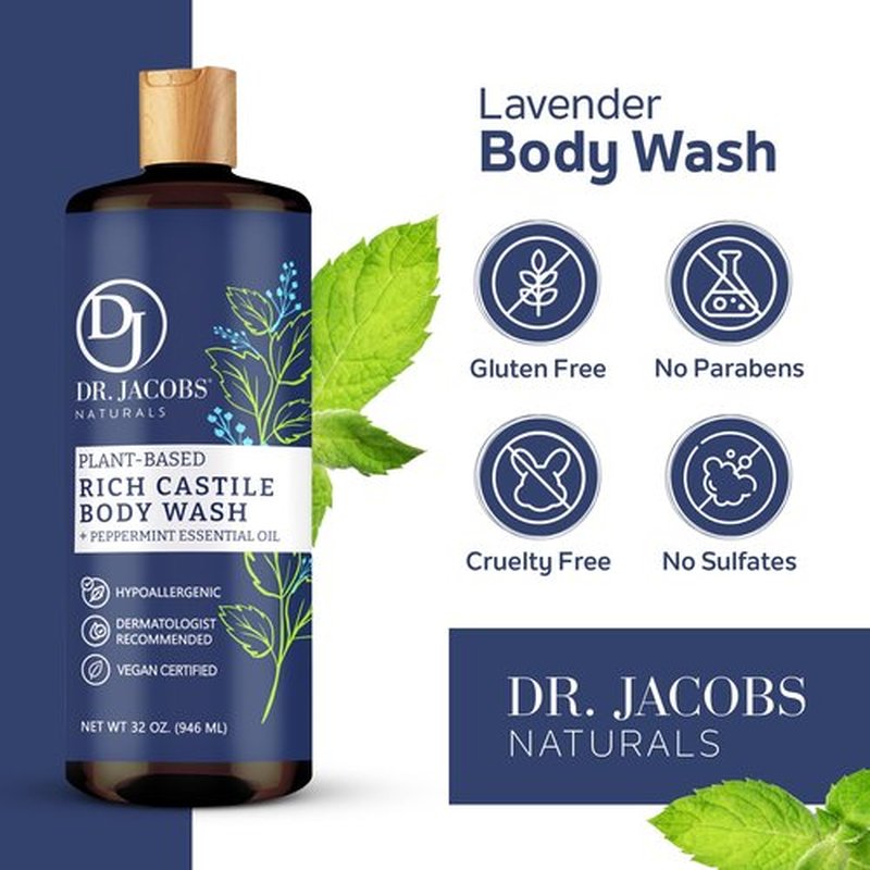 DR. JACOBS NATURALS Castile Peppermint All-Natural Body Wash for Moisturizing Dry and Sensitive Skin Shampoo with Plant-Based Ingredients Gluten, Preservatives-Free Formula - 32 oz, Pack of 2