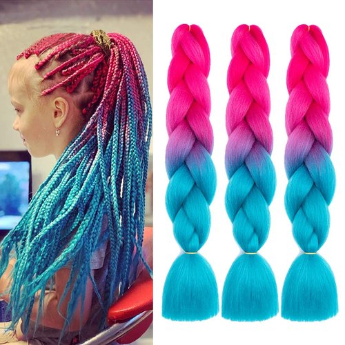Xiaofeng Braiding Hair Extensions for Women 3 Packs 100g/Pack 24Inch High Temperature Ombre Jumbo Synthetic Braiding Hair for Twist Crochet Braids (24 Inch (Pack of 3), peach red-navy blue-3pcs)