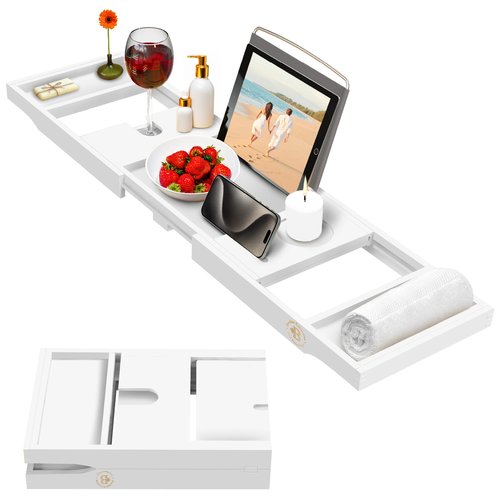 Foldable Bathtub Tray - Expandable Bamboo Bath Caddy with Wine, Book & Tablet Holder - Luxurious Bath Accessories, Perfect Spa Experience, Unique Gifts for Mom, Women, Couples, Housewarming (White)