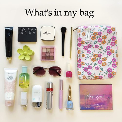 STARDW Floral Cosmetic Bags Makeup Bags for Women and Girls,Travel Makeup Bag Large Capacity Canvas Makeup Bag,Makeup Organizer Bag Zipper Pouch (Pink Flowers)