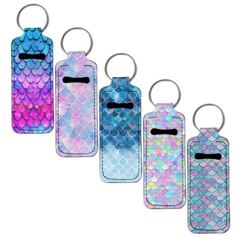 SEANATIVE Mermaid Scales 5 PCS Lipstick Holder Keychain Chapstick Holder Lip Balm Holder Keyring Portable Neoprene Lipstick Holder Lipstick Pouch with Metal Key Ring for Travel Carry Lipstick