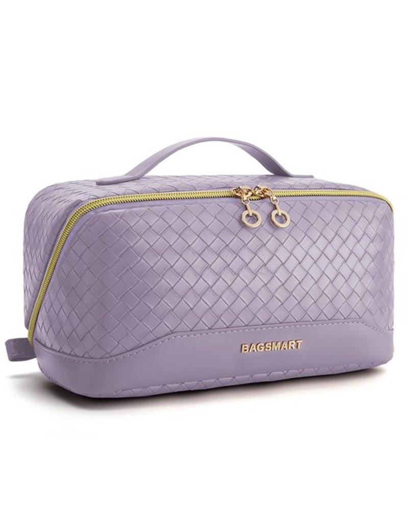 BAGSMART Makeup Bag Cosmetic Bag, Travel Makeup Bag, PU leather Makeup Bags for Women Portable Water-resistent Pouch Open Flat Make Up Organizer Bag for Toiletries, Brushes, PU Leather Purple