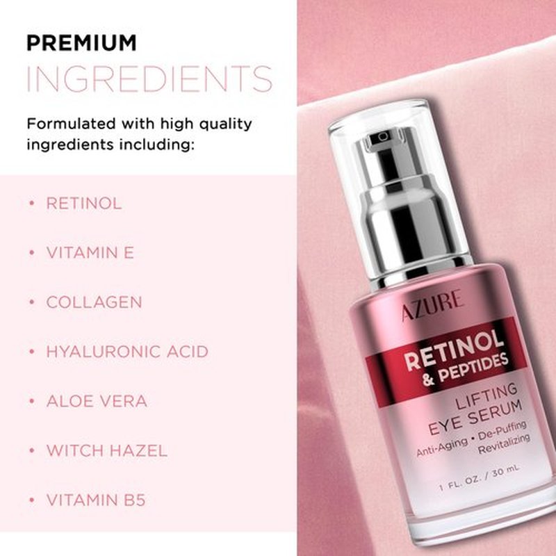 AZURE Retinol & Peptides Lifting Eye Serum - Anti Aging, De-Puffing & Revitalizing Dark Circle Corrector - Reduces Wrinkles, Fine Lines & Under Eye Bags - Skin Care Made in Korea - 30mL / 1 fl.oz.